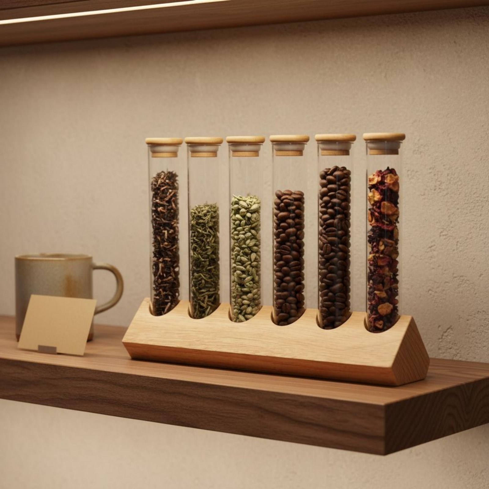 Glass Container Set - 유리관 용기 세트와 나무 스탠드, 투명